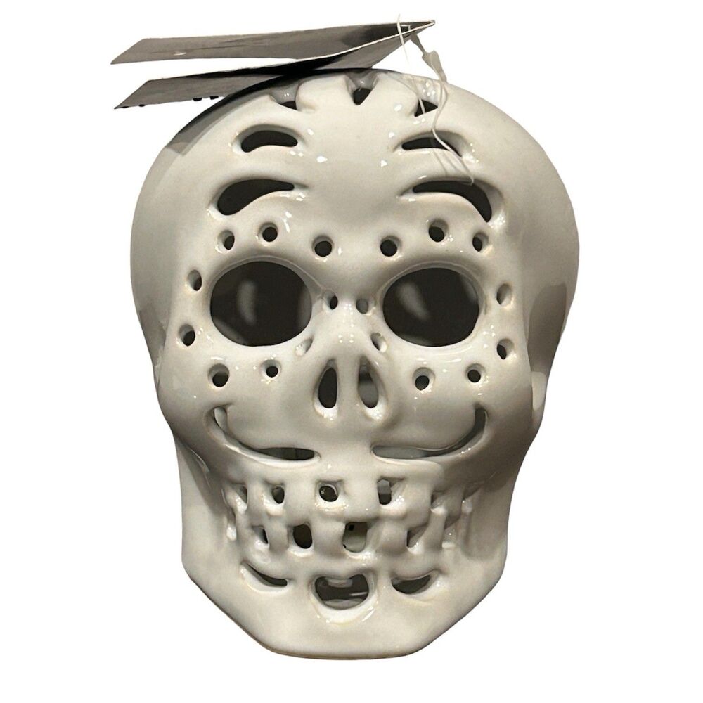 White Ceramic Skull LED Lights Multiple Colors Halloween Decoration Figurine
